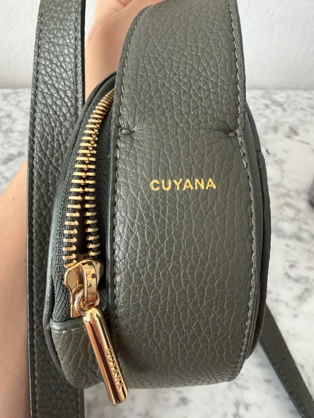 Cuyana Top Handle Leather Oval Crossbody Bag in Dark Olive - Picture 11 of 12